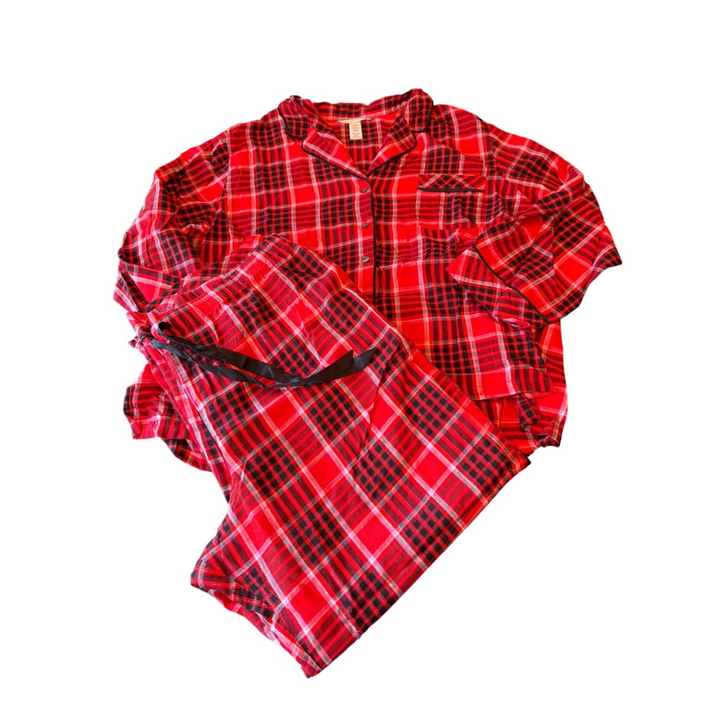 Victoria's Secret Pajama Set Red Plaid Flannel Metallic XXL 2-Piece Sleepwear